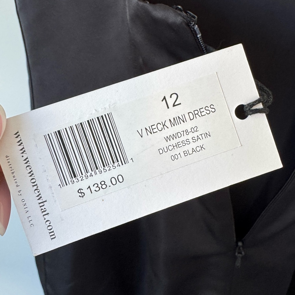 WeWoreWhat V-Neck Mini Dress in Duchess Satin Black - Size 12 - Picture 15 of 15